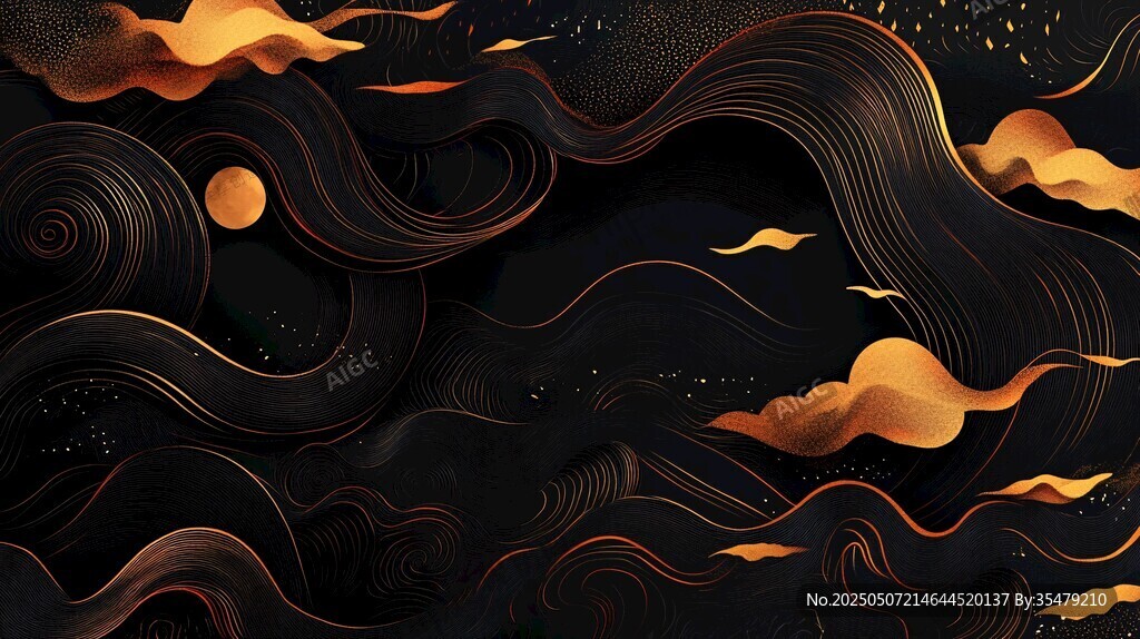 夢(mèng)幻黑金中式云月背景圖