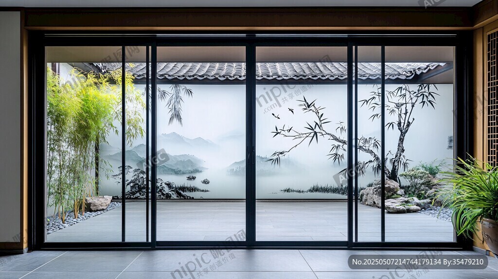 中式庭院玻璃門景致