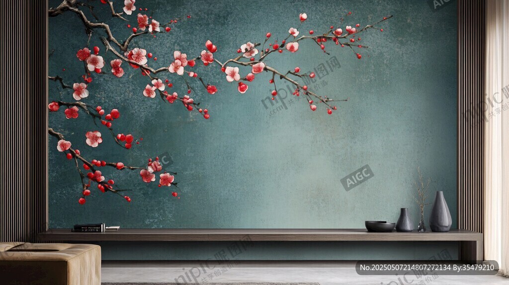 中式客廳的梅花背景墻