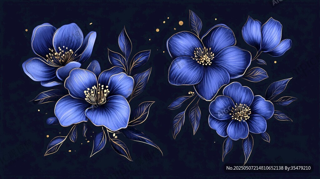 深藍(lán)色花朵插畫藝術(shù)美感