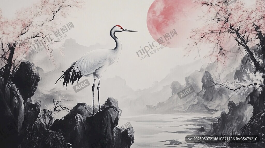月下仙鶴立景圖