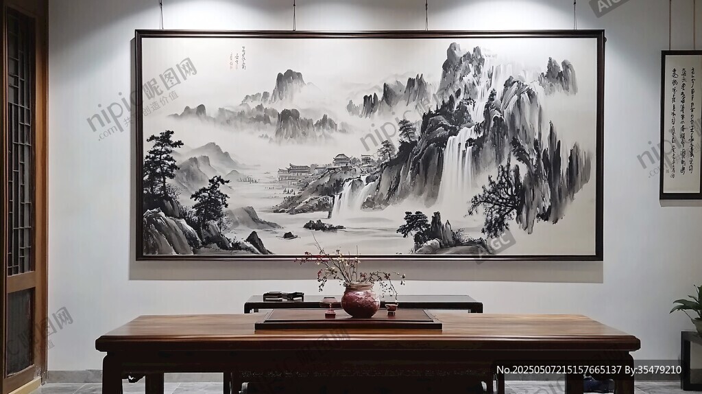 中式書房里的山水墨畫