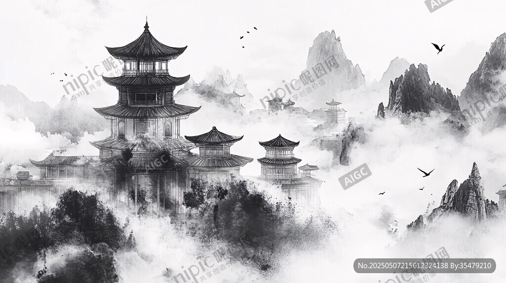 水墨古風亭閣云霧山水景