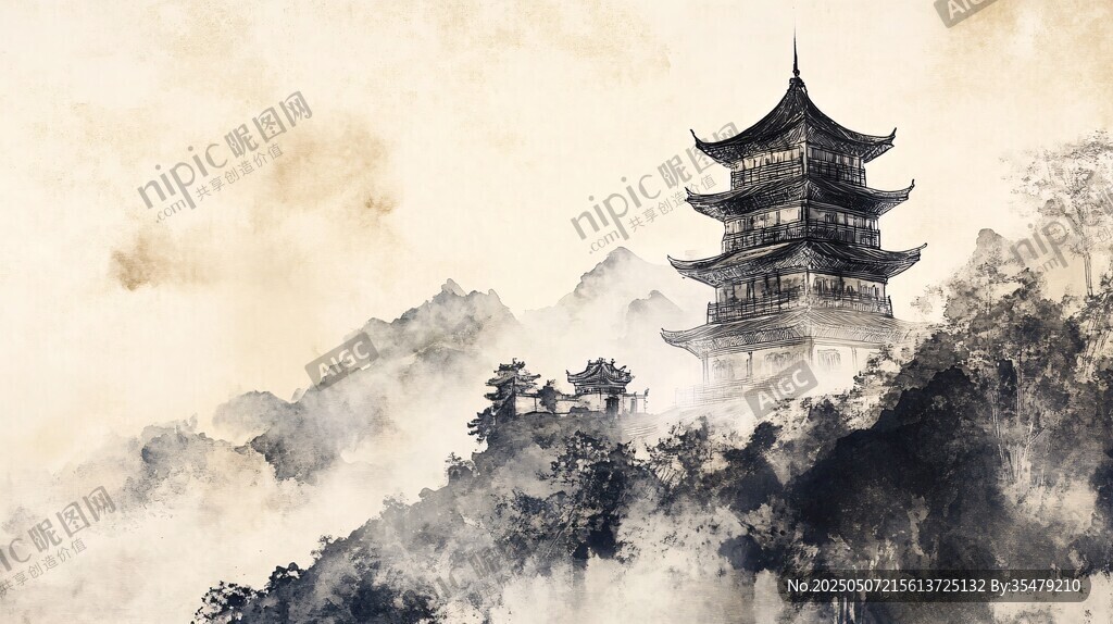 水墨山間古亭