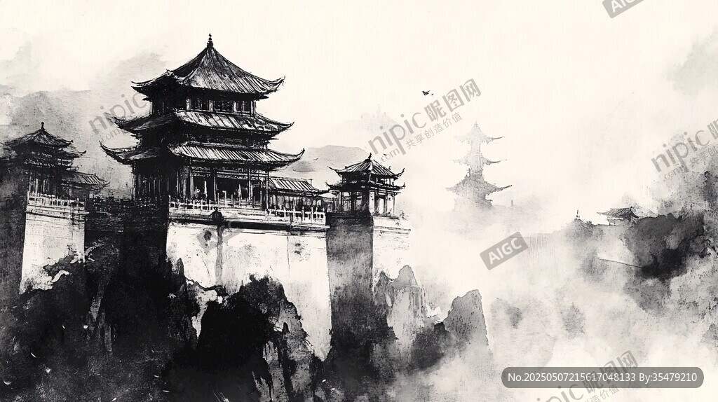 水墨古風(fēng)樓閣山水意境圖