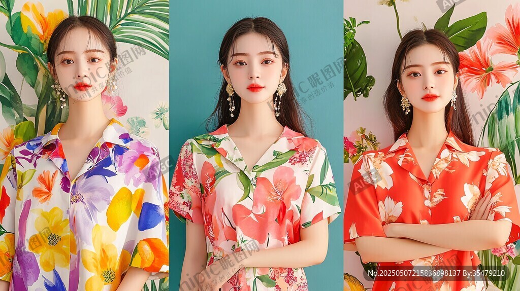 三位身著花襯衫的時(shí)尚女性