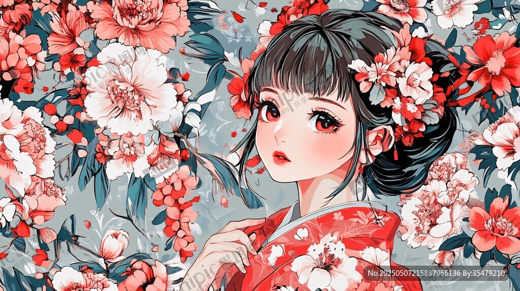 古風紅衣少女與繁花相伴