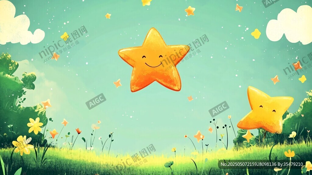 夢幻草地星星童趣風景圖