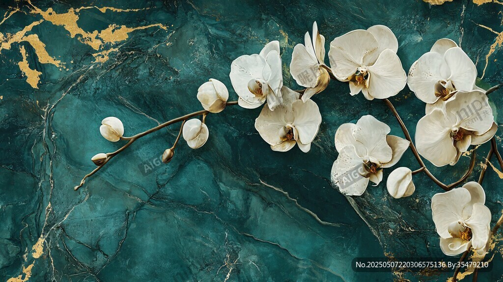 玉白蘭花綻于綠金背景