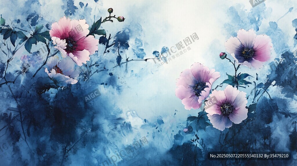 夢(mèng)幻藍(lán)調(diào)花卉水彩畫