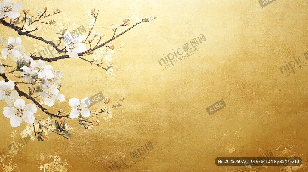 金色背景下的綻放白梅花