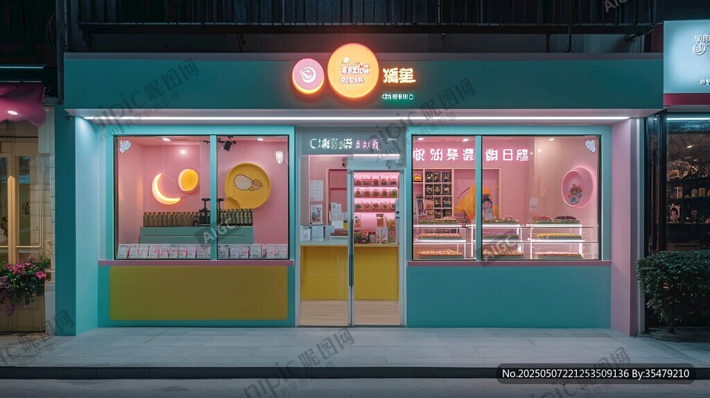 清新風(fēng)甜品店外觀夜景