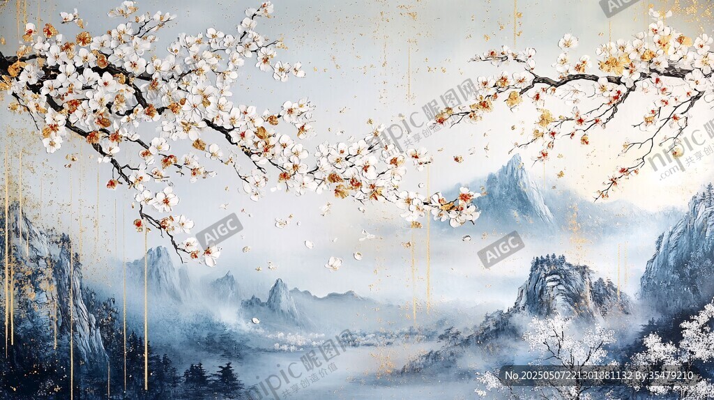 水墨梅花山水意境圖