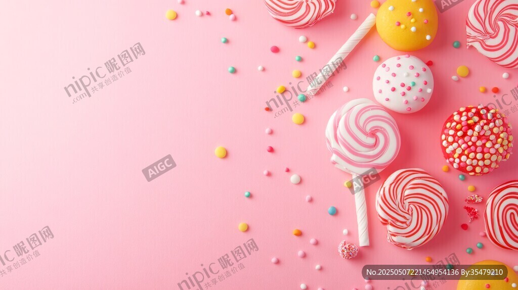 粉色背景上的多彩美味棒棒糖