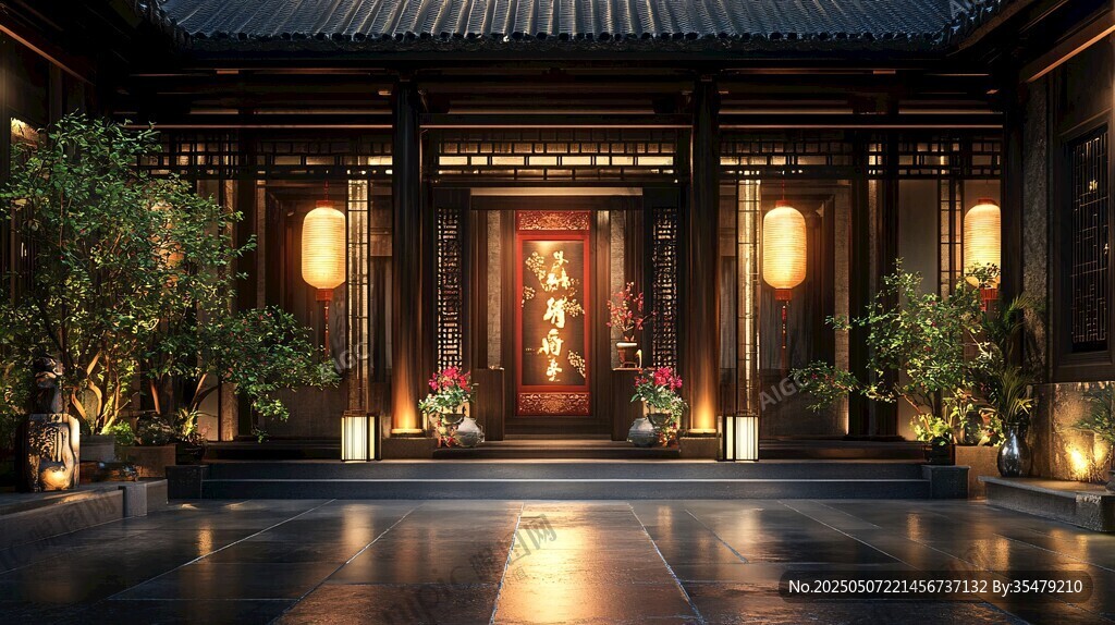 中式庭院大門夜景古韻濃