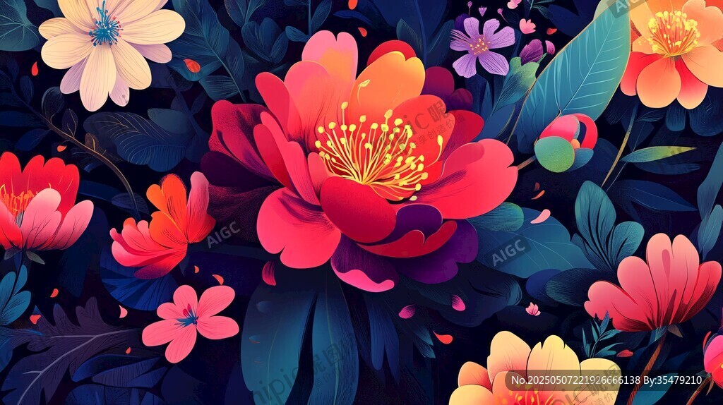 絢麗多彩花卉夢幻插畫