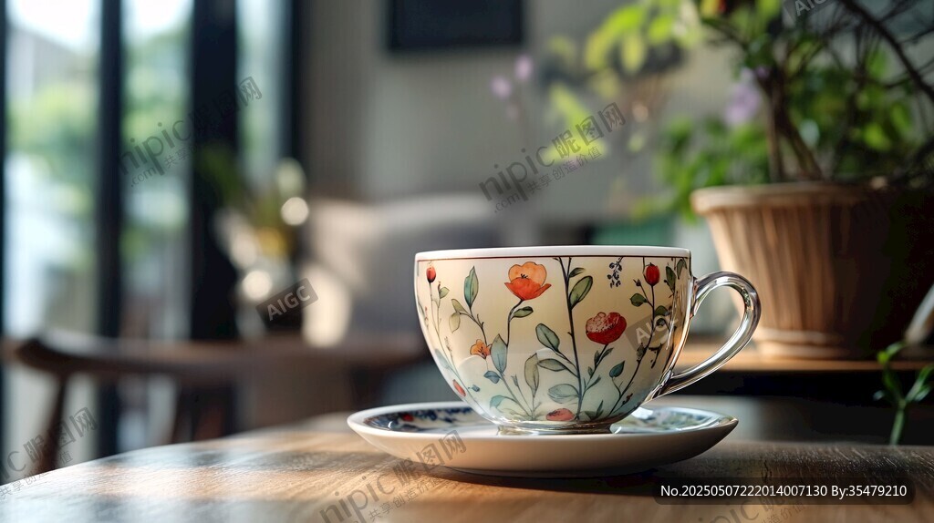 精致花飾茶杯靜置于桌