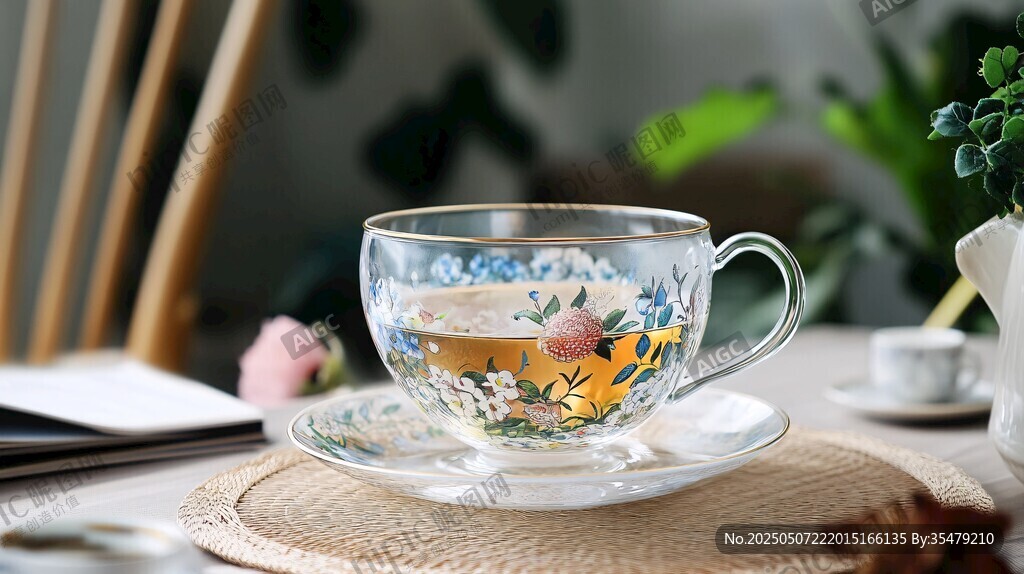 精致花茶置于雅致玻璃杯中