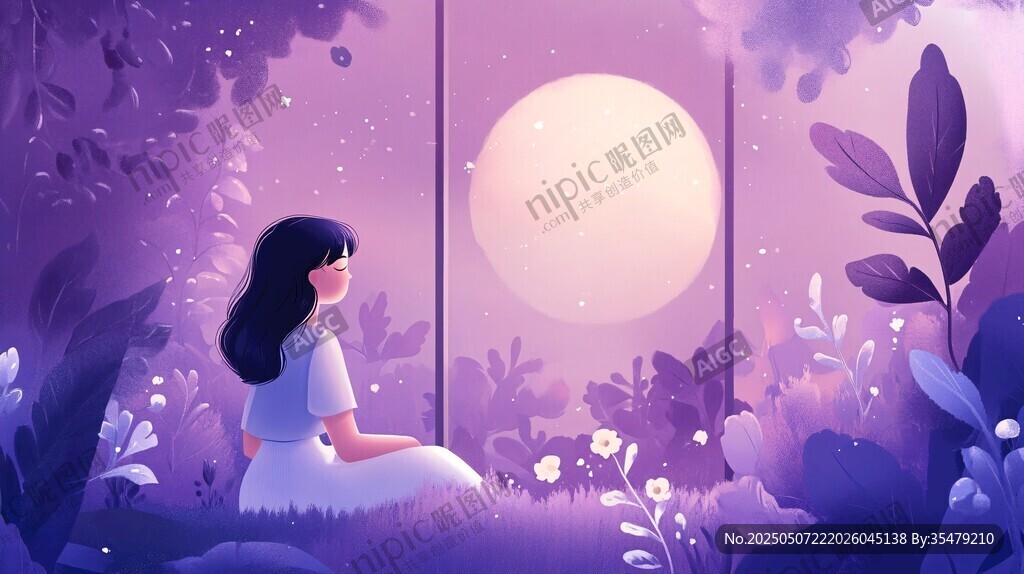 月下少女靜坐夢幻花草間