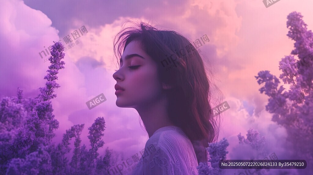 夢幻紫境中的沉思女子