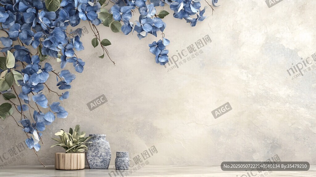 藍(lán)花綠植裝點(diǎn)的素雅角落