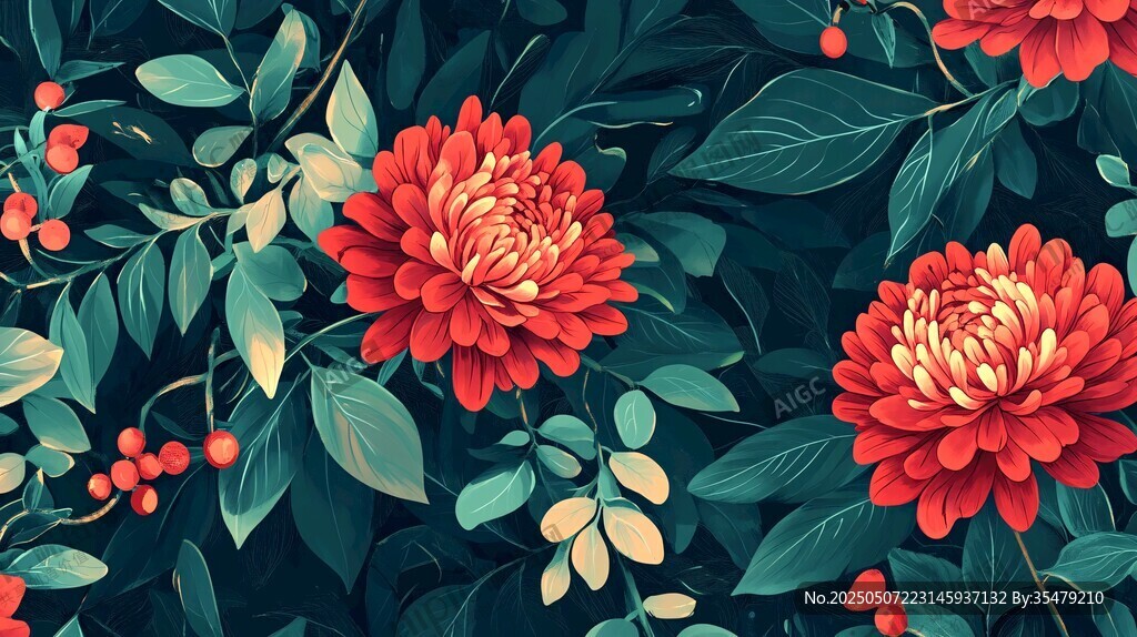 深紅花卉與綠葉圖案背景
