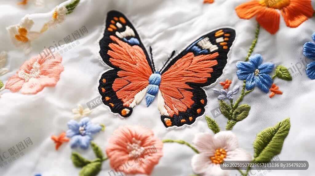 刺繡蝴蝶與繽紛花朵圖案