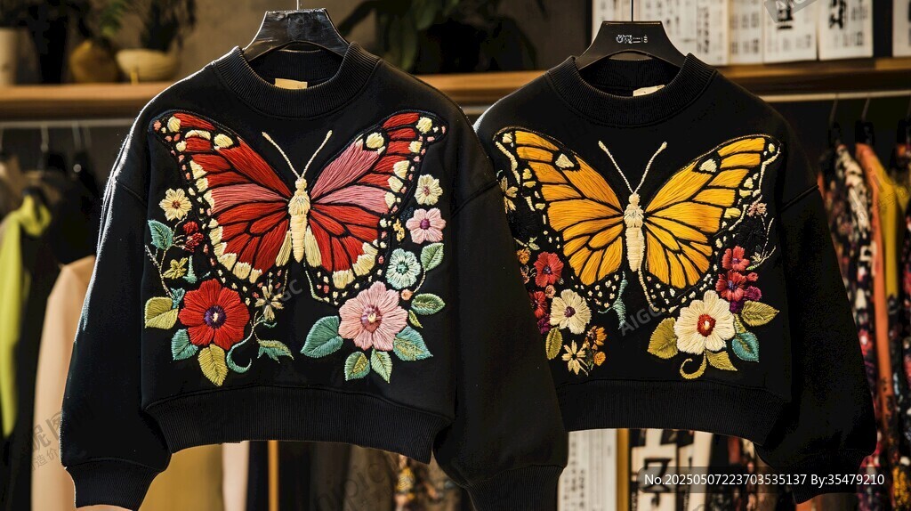 蝴蝶花卉刺繡短款衛(wèi)衣
