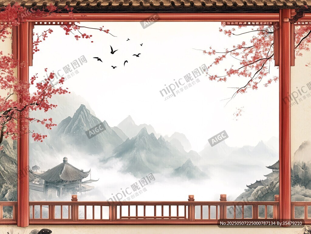 中式窗景中的山水花鳥韻