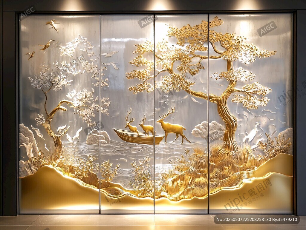 金雕山水瑞獸藝術(shù)玻璃門(mén)