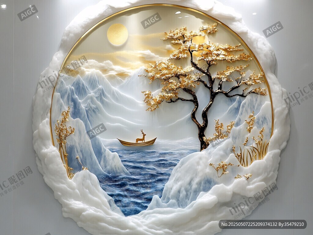 圓形山水浮雕 靜謐詩意之景