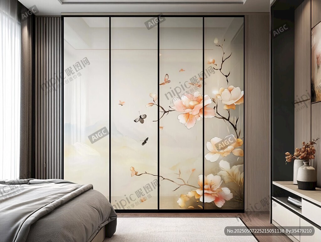 新中式花鳥圖案衣柜臥室圖