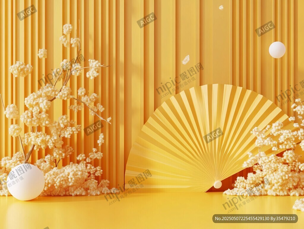 黃色折扇與花卉裝飾場(chǎng)景