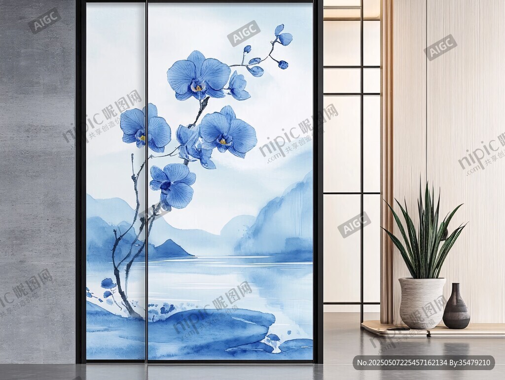 藍(lán)調(diào)水墨蘭花屏風(fēng)裝飾畫