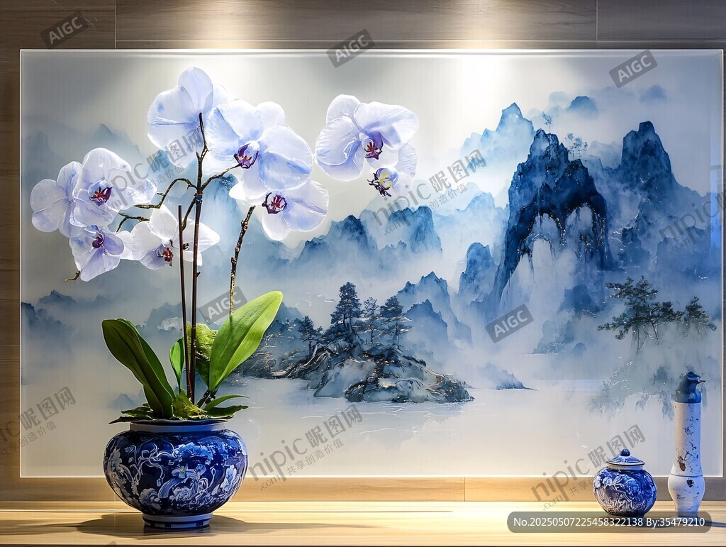 青花瓷瓶蘭花山水裝飾畫
