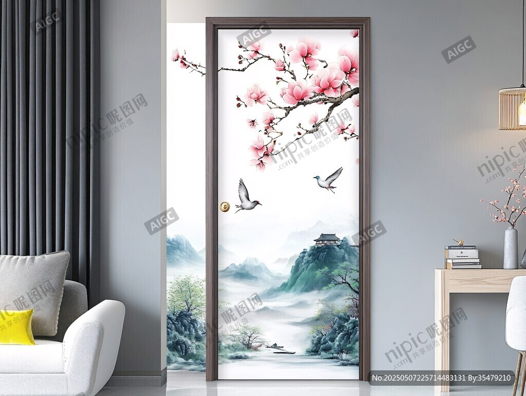 中式花鳥山水入戶門裝飾畫