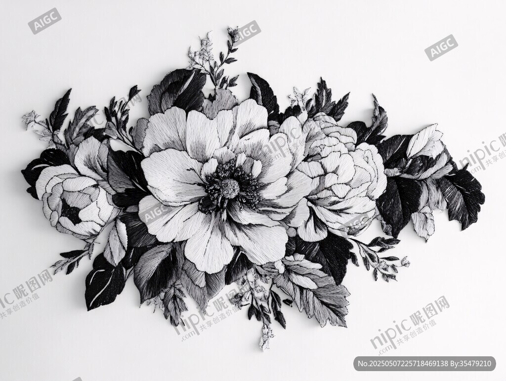 黑白花卉插畫圖案設(shè)計(jì)