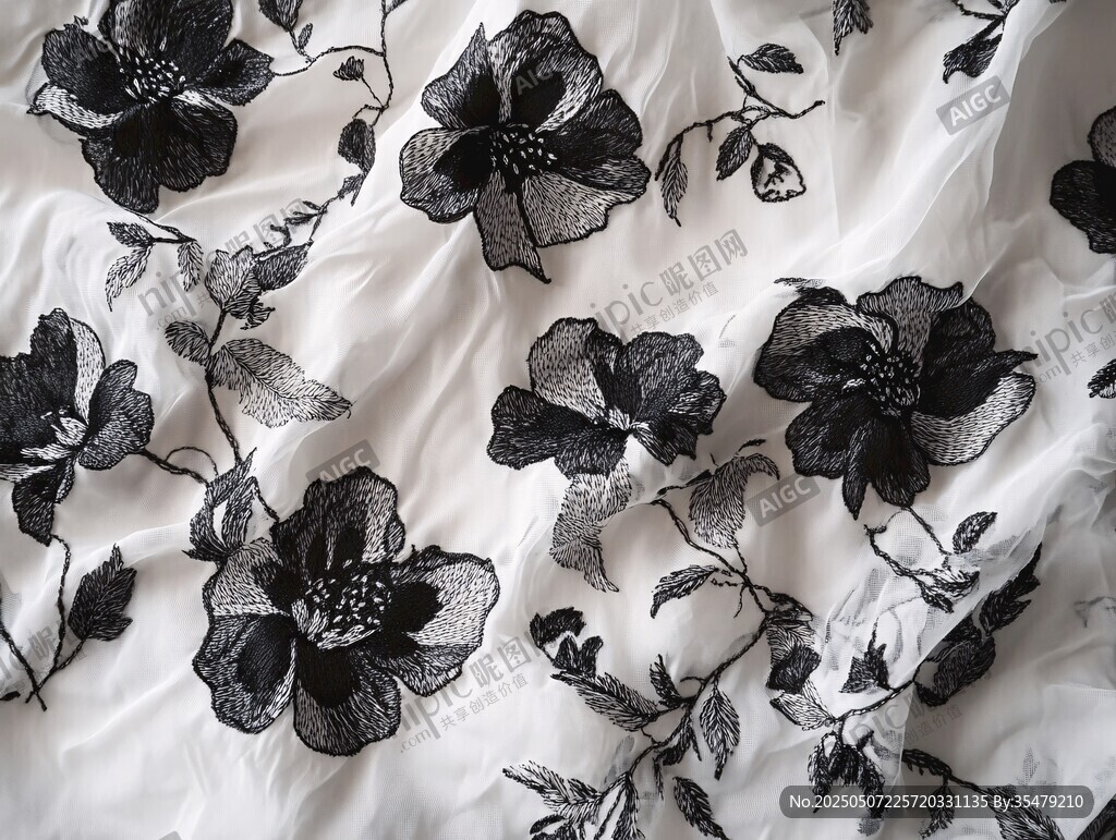 黑白刺繡花卉布料紋理