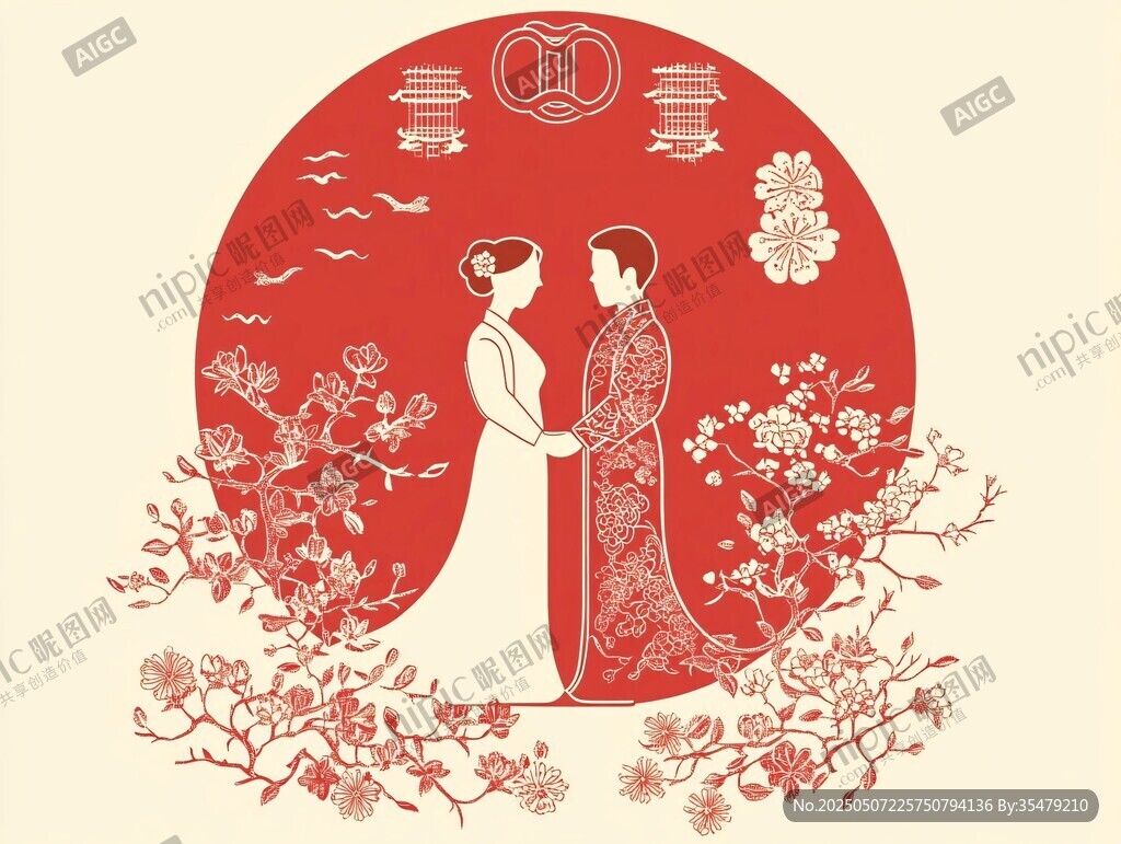 中式婚禮情侶剪紙風(fēng)插畫