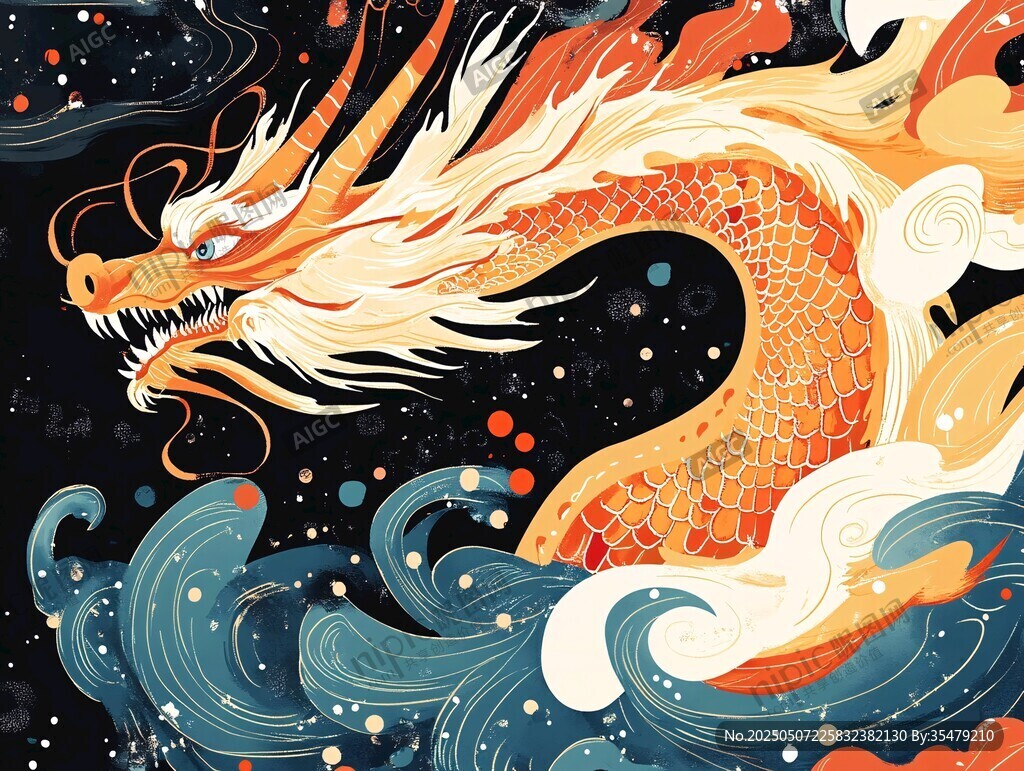 金龍戲浪繪東方奇幻意境