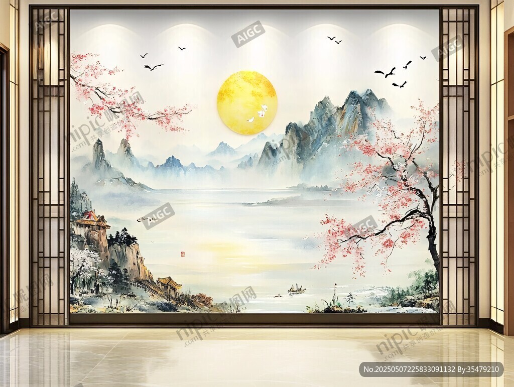 中式山水花鳥玄關(guān)壁畫