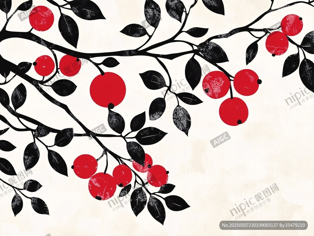 紅果黑葉枝頭裝飾畫