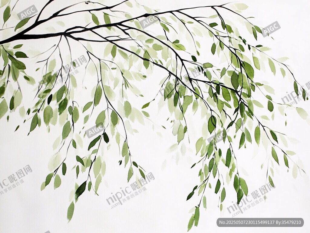 水墨風綠葉樹枝裝飾畫