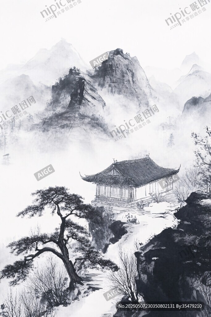 水墨山水間的靜謐古亭