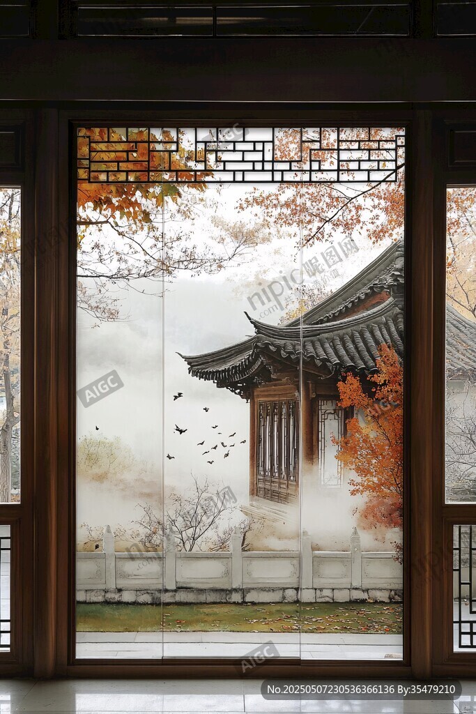 中式窗景中的古韻樓閣