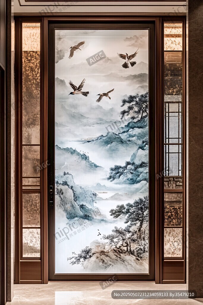 中式山水飛鳥入戶玄關(guān)畫