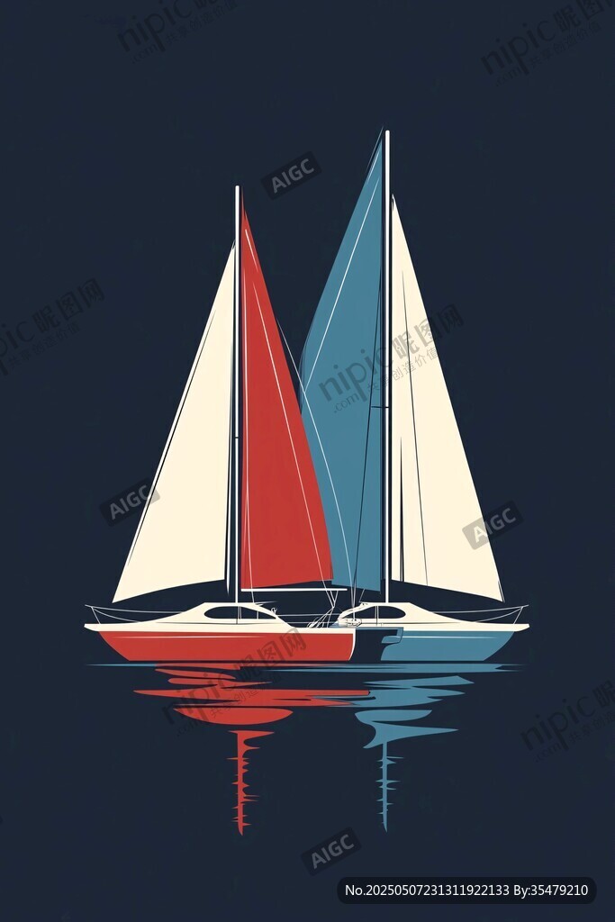 雙帆船海上航行插畫
