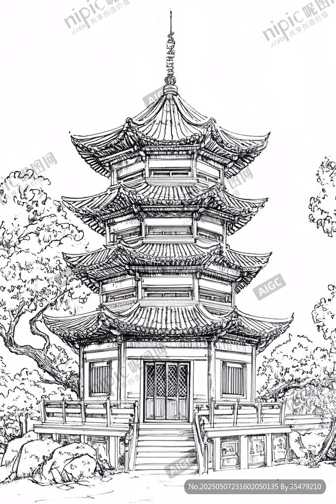 中式寶塔手繪建筑圖