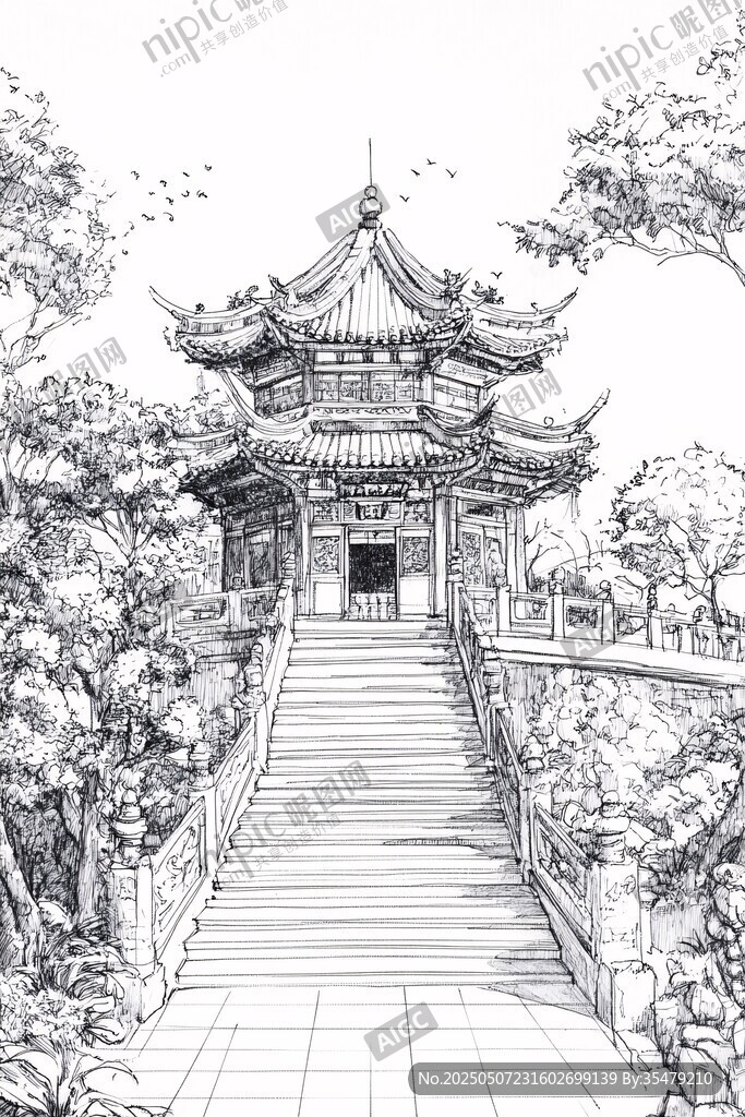中式古亭步道黑白線稿圖