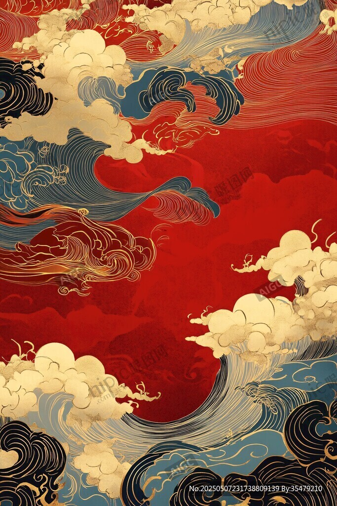 中式紅底云海浪濤圖